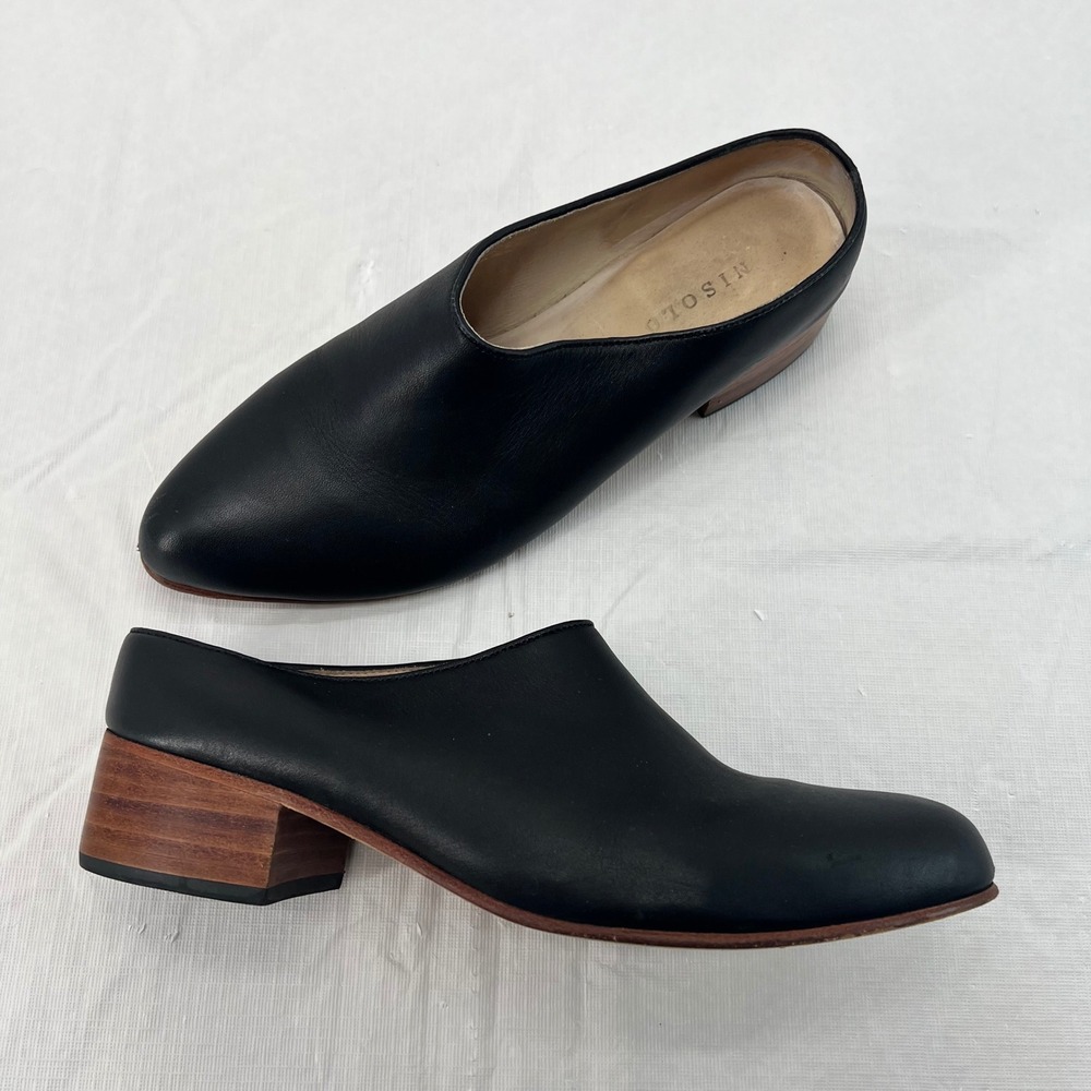 Nisolo Mariella Mule Black Leather Pointed Toe Stacked Wood Block Heel sz 7.5 - Picture 1 of 7